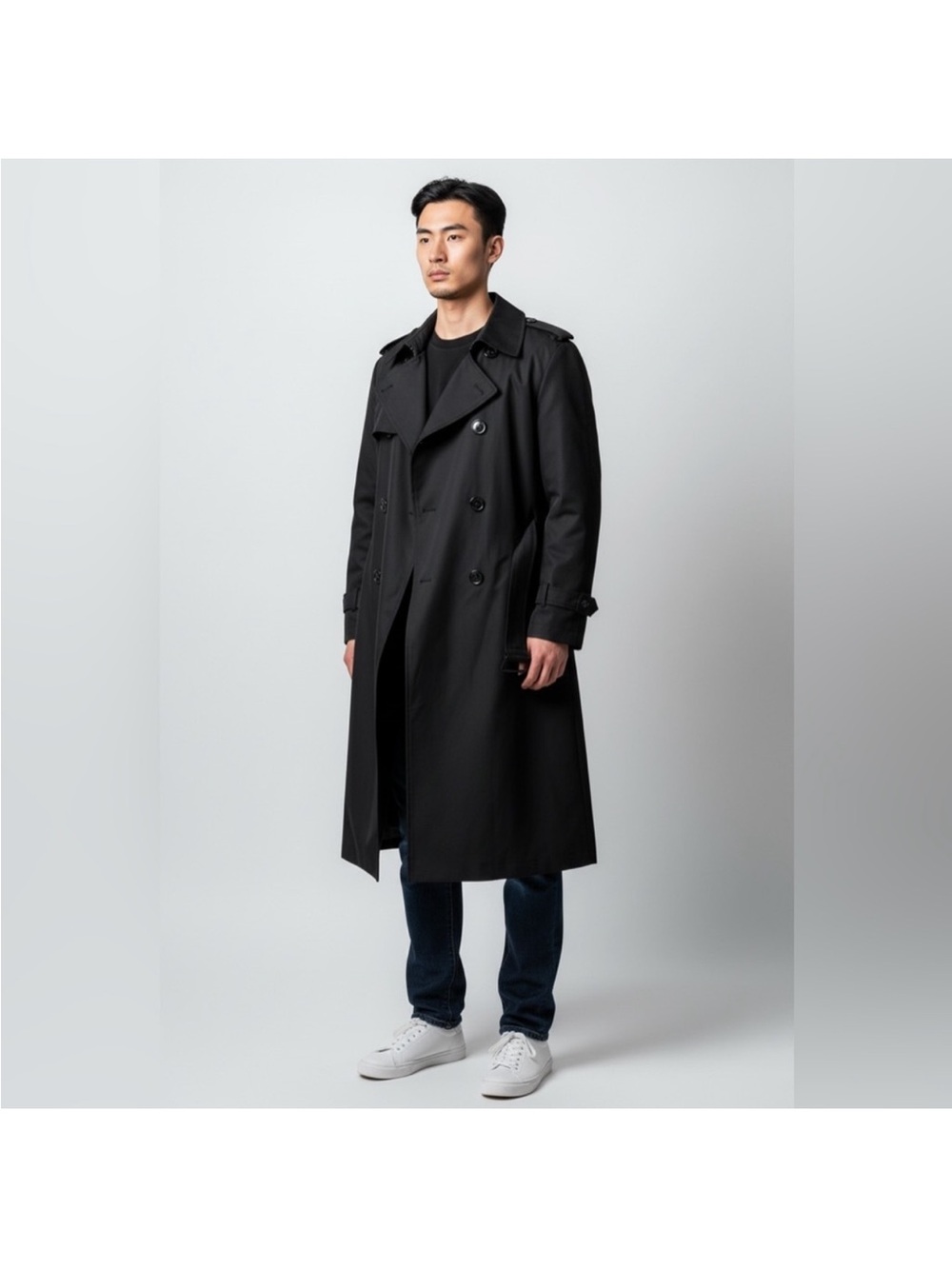 Tip Top Tailors classic black lined business attire belted trench coat size 44